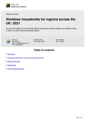 Workless households for regions across the UK: 2021