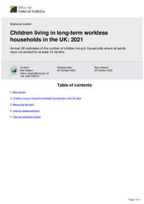 Children living in long-term workless households in the UK: 2021