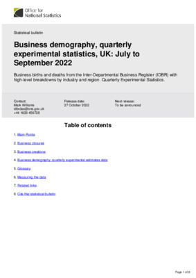 Business demography, quarterly experimental statistics, UK: July to September 2022