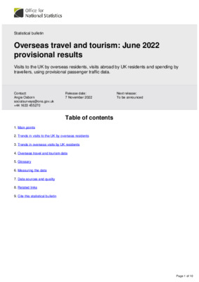 Overseas travel and tourism: June 2022 provisional results
