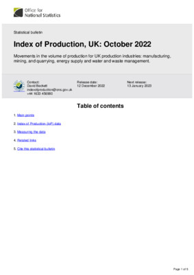 Index of Production, UK October 2022