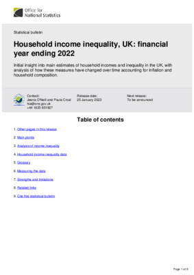 Household income inequality, UK: financial year ending 2022