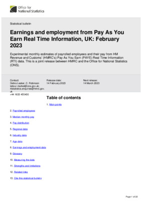 Earnings and employment from Pay As You Earn Real Time Information, UK: February 2023