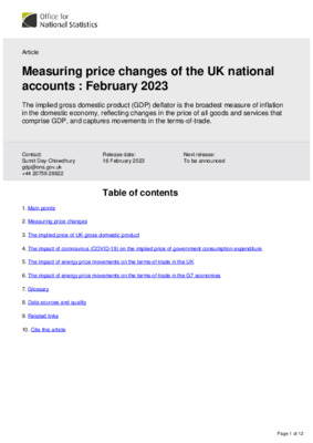 Measuring price changes of the UK national accounts : February 2023