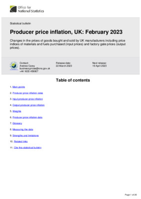 Producer price inflation, UK: February 2023