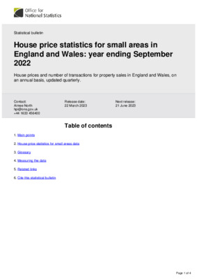 House price statistics for small areas in England and Wales: year ending September 2022