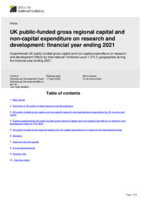 UK public-funded gross regional capital and non-capital expenditure on research and development: financial year ending 2021