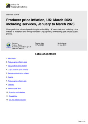 Producer price inflation, UK: March 2023 including services, January to March 2023