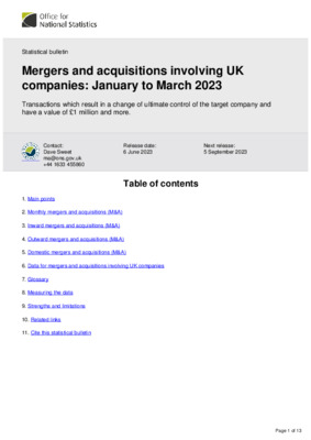 Mergers and acquisitions involving UK companies: January to March 2023