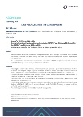 Bravura Solutions Limited announces half year results for the period ended 31 December 2024