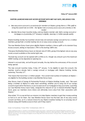 Skipton launches new best buy easy access account for members