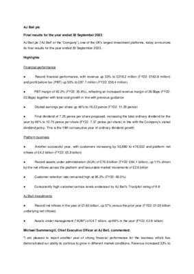 AJ Bell plc - Final results for the year ended 30 September 2023