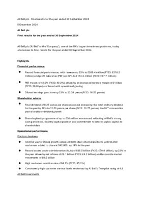 AJ Bell plc - Final results for the year ended 30 September 2024