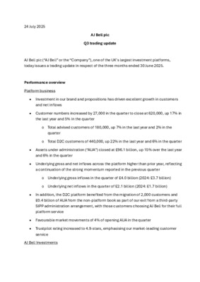 AJ Bell plc - Q3 trading update