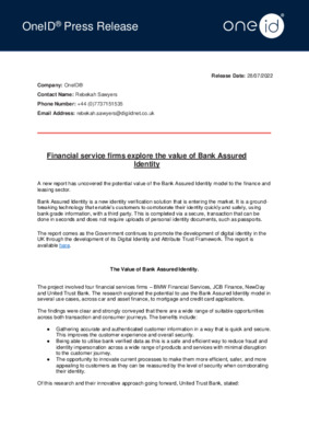 Financial service firms explore the value of Bank Assured Identity