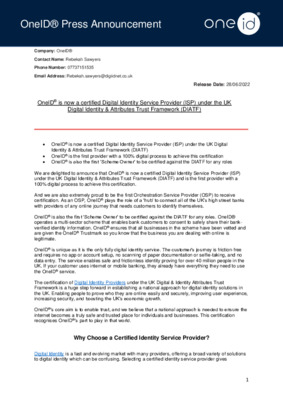 OneID® is now a certified Digital Identity Service Provider (ISP)