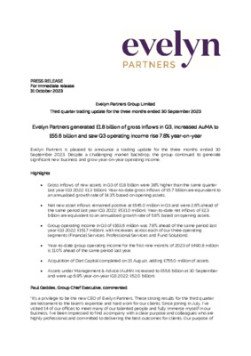 Evelyn Partners generated £1.8 billion of gross inflows in Q3, increased AuMA to £55.6 billion and saw Q3 operating income rise 7.8% year-on-year