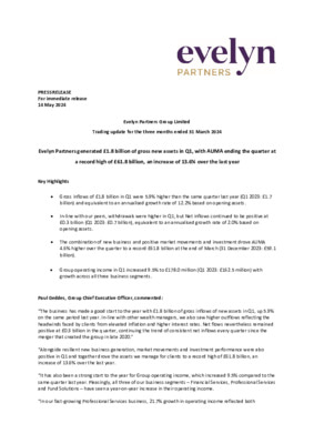Evelyn Partners generated £1.8 billion of gross new assets in Q, with AUMA ending the quarter at a record high of £61.8 billion, an increase of 13.6% over the last year