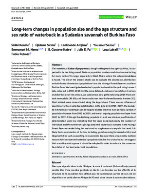 Long-term changes in population size and the age structure and sex structure and sex ratio of waterbuck in a Sudanian savannah of Burkina Faso