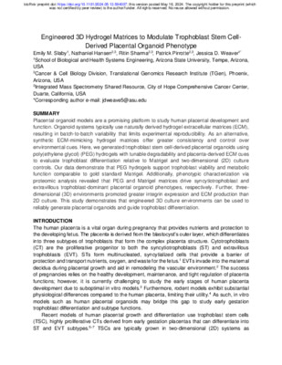 Engineered 3D Hydrogel Matrices to Modulate Trophoblast Stem CellDerived Placental Organoid Phenotype 