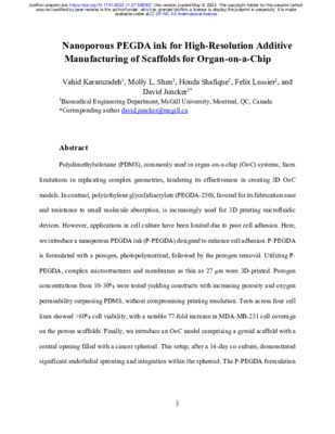 Preprint:Nanoporous PEGDA ink for High-Resolution Additive Manufacturing of Scaffolds for Organ-on-a-Chip 