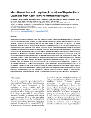 Preprint: Mass Generation and Long-term Expansion of Hepatobiliary Organoids from Adult Primary Human Hepatocytes