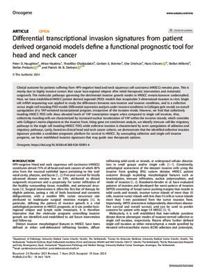 Differential transcriptional invasion signatures from patient derived organoid models define a functional prognostic tool for head and neck cancer