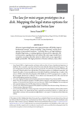 The law for mini-organ prototypes in a dish. Mapping the legal status options for organoids in Swiss law