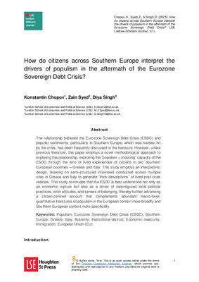 Final Research Project - How do citizens across Southern Europe interpret the drivers of populism in the aftermath of the Eurozone Sovereign Debt Crisis?