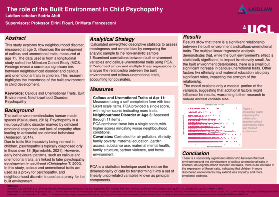 Laidlaw Summer 1 Poster - The Role of the Built Environment in Child Psychopathy. 