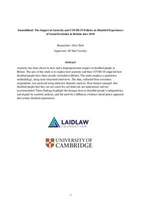 Research Report - Immobilised: The Impact of Austerity and COVID-19 Policies on Disabled Experiences of Social Exclusion in Britain since 2010
