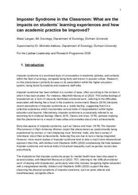 Imposter Syndrome in the Classroom - Research Report