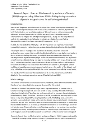 Research Report: Does an RG-chromaticity and stereo-Disparity (RGD) image encoding differ from RGB in distinguishing anomalous objects in image datasets for self-driving vehicles?
