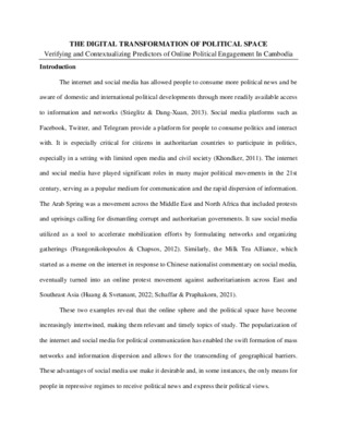 THE DIGITAL TRANSFORMATION OF POLITICAL SPACE: Verifying and Contextualizing Predictors of Online Political Engagement In Cambodia
