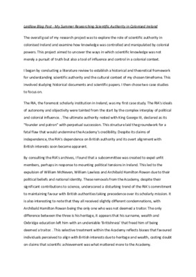 Summer 1 Blog Post - Researching Scientific Authority in Colonised Ireland 