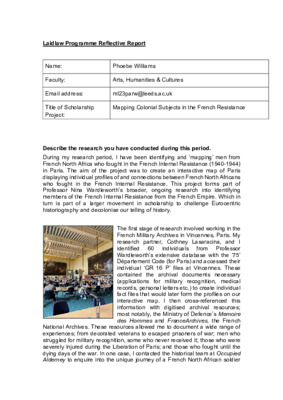 'Mapping Colonial Subjects in the French Resistance': Reflective Report