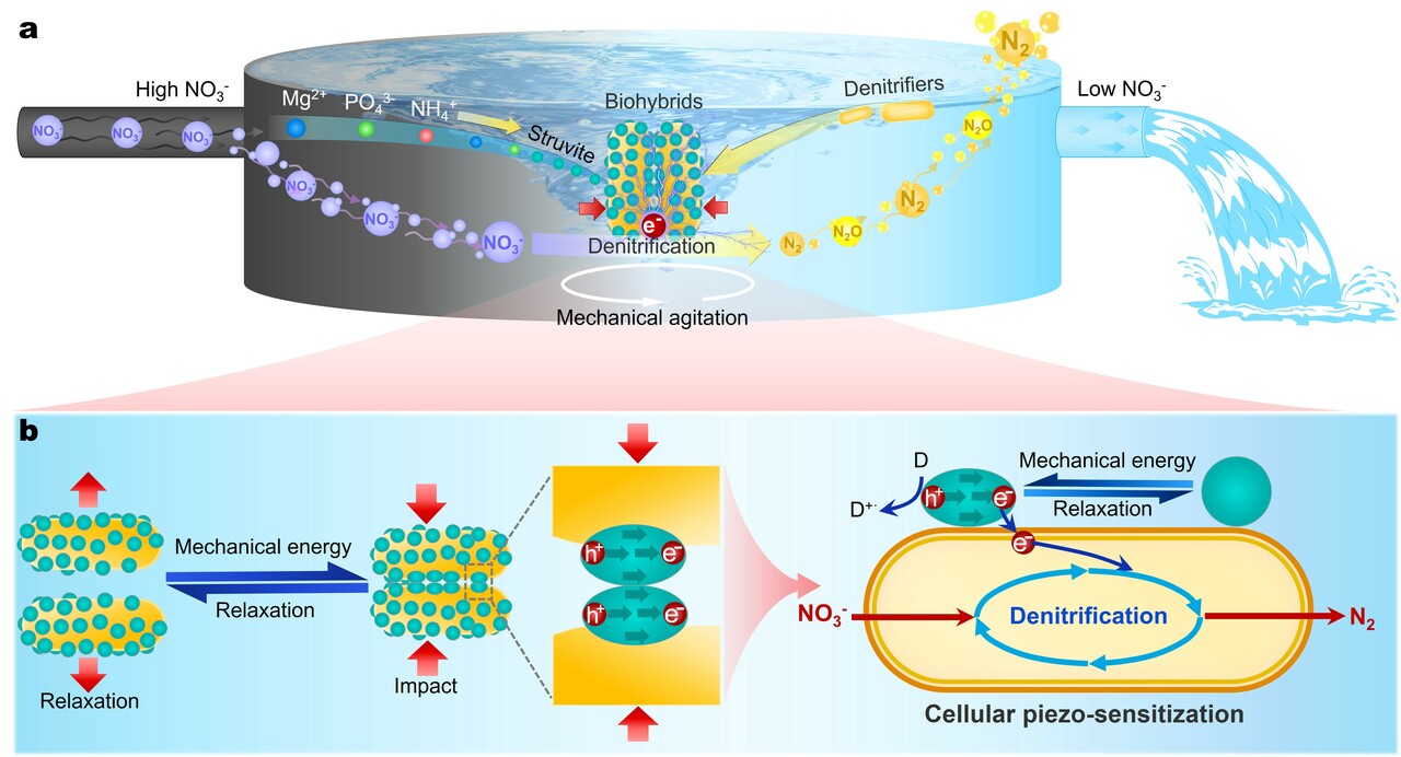 Wastewater denitrification driven by mechanical energy through cellular piezo-sensitization