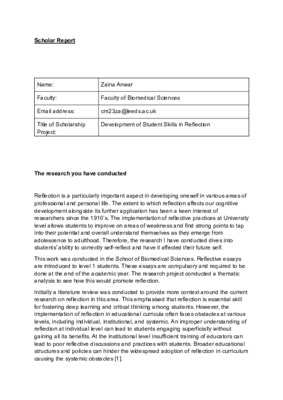 "Development of Student Skills in Reflection" Research Report