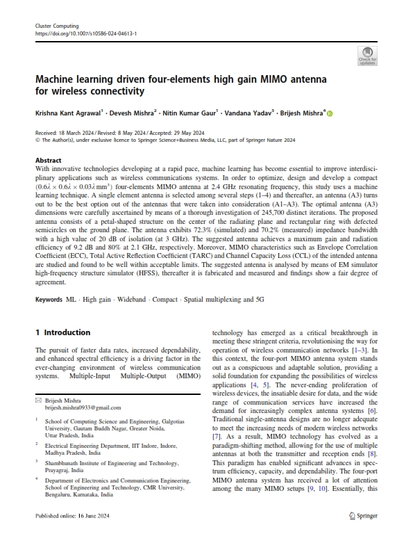 Machine learning driven four-elements high gain MIMO antenna for wireless connectivity