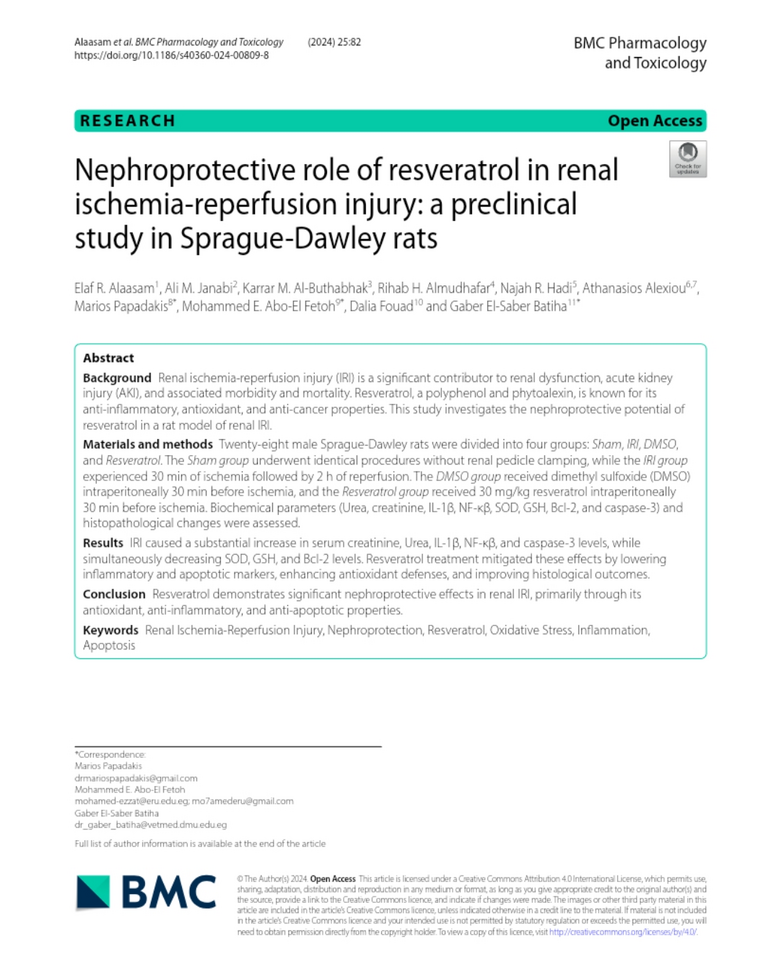 Nephroprotective role of resveratrol in renal ischemia-reperfusion injury: a preclinical study in Sprague-Dawley rats