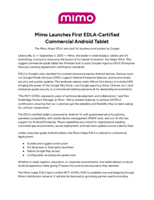 Mimo Launches First EDLA-Certified Commercial Android Tablet