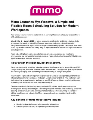 Mimo Announces MystReserve Room Scheduling Solution