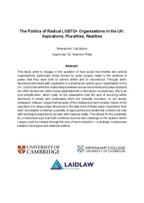 The Politics of Radical LGBTQ+ Organisations in the UK: Aspirations, Pluralities, Realities (Research Report)