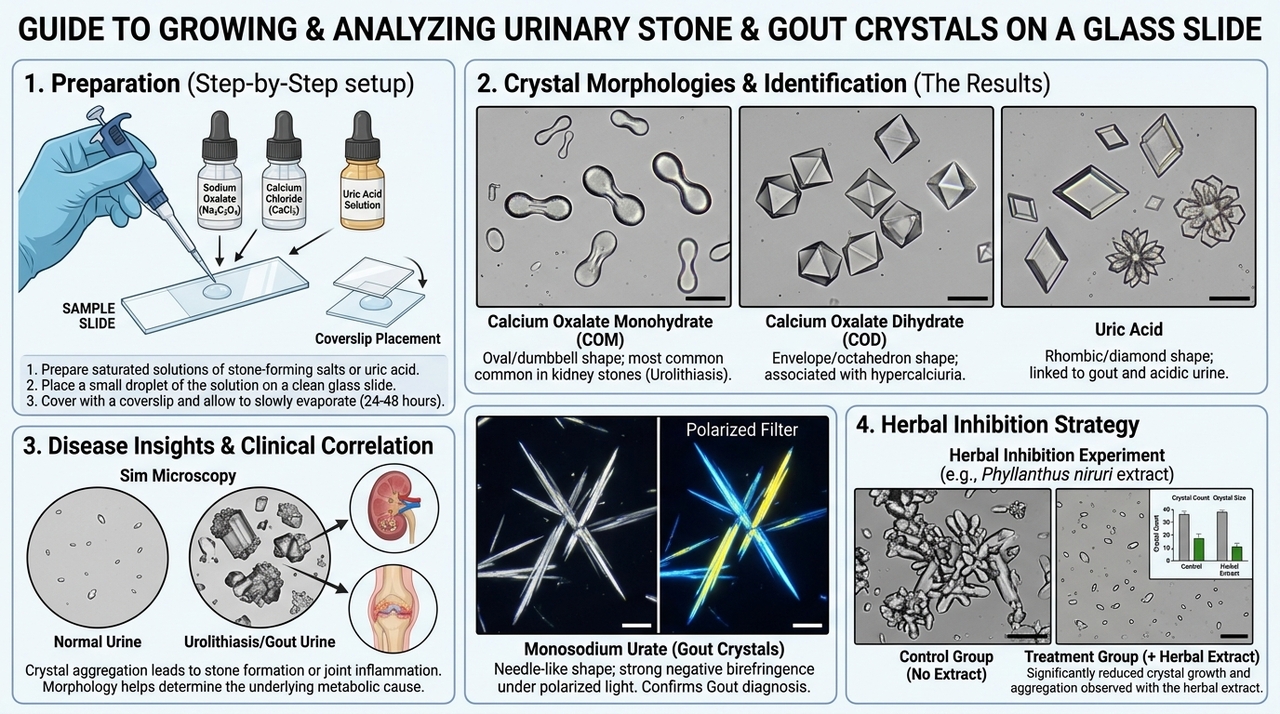 How to Grow Urinary Stone and Gouty Crystals on Glass Slide: Exploring Morphologies, Disease Insights, and Herbal Inhibition Strategies