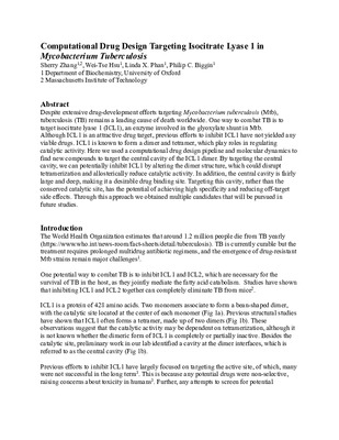 Computational Drug Design Targeting Isocitrate Lyase 1 in Mycobacterium Tuberculosis