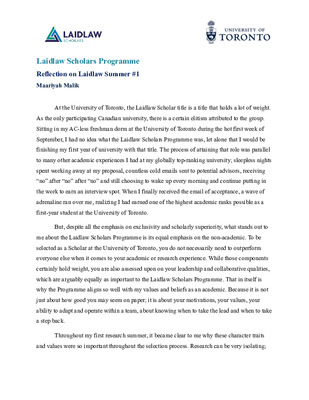 Maariyah Malik | Reflection on Laidlaw Summer #1
