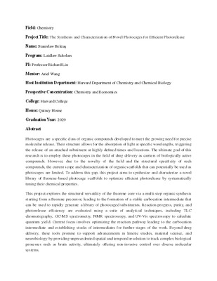 Summer 2026 Research Project Abstract: Shedding Light on Photocages