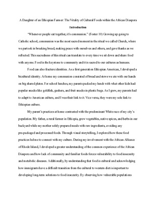 A Daughter of an Ethiopian Farmer: The Vitality of Cultural Foods within the African Diaspora
