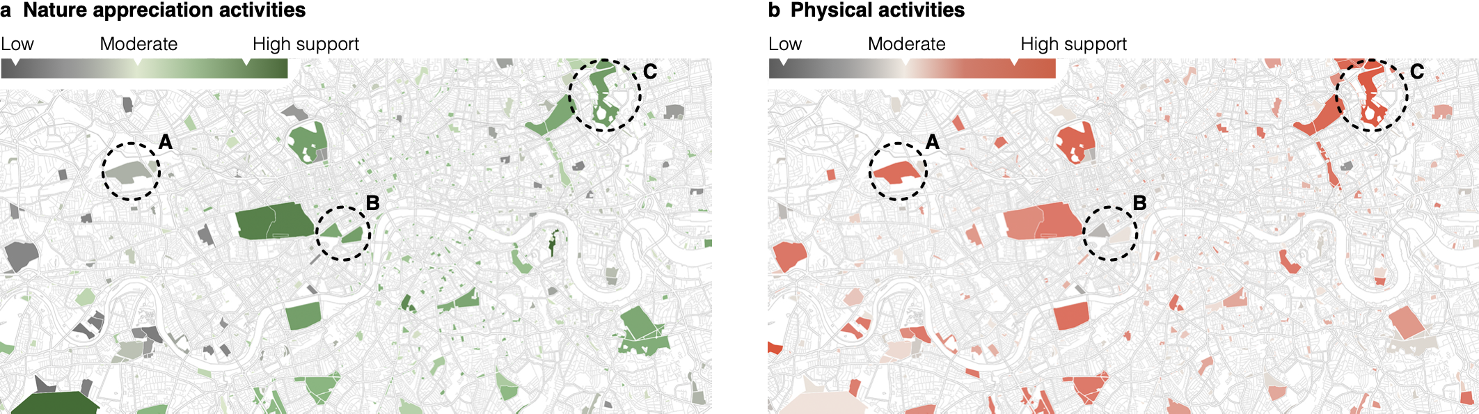 Visualization of the park scores in London for (a) nature appreciation and (b) physical activities. Explore all parks in 35 cities using the interactive visualization. CC-BY Linus Dietz, map data from OpenStreetMap.