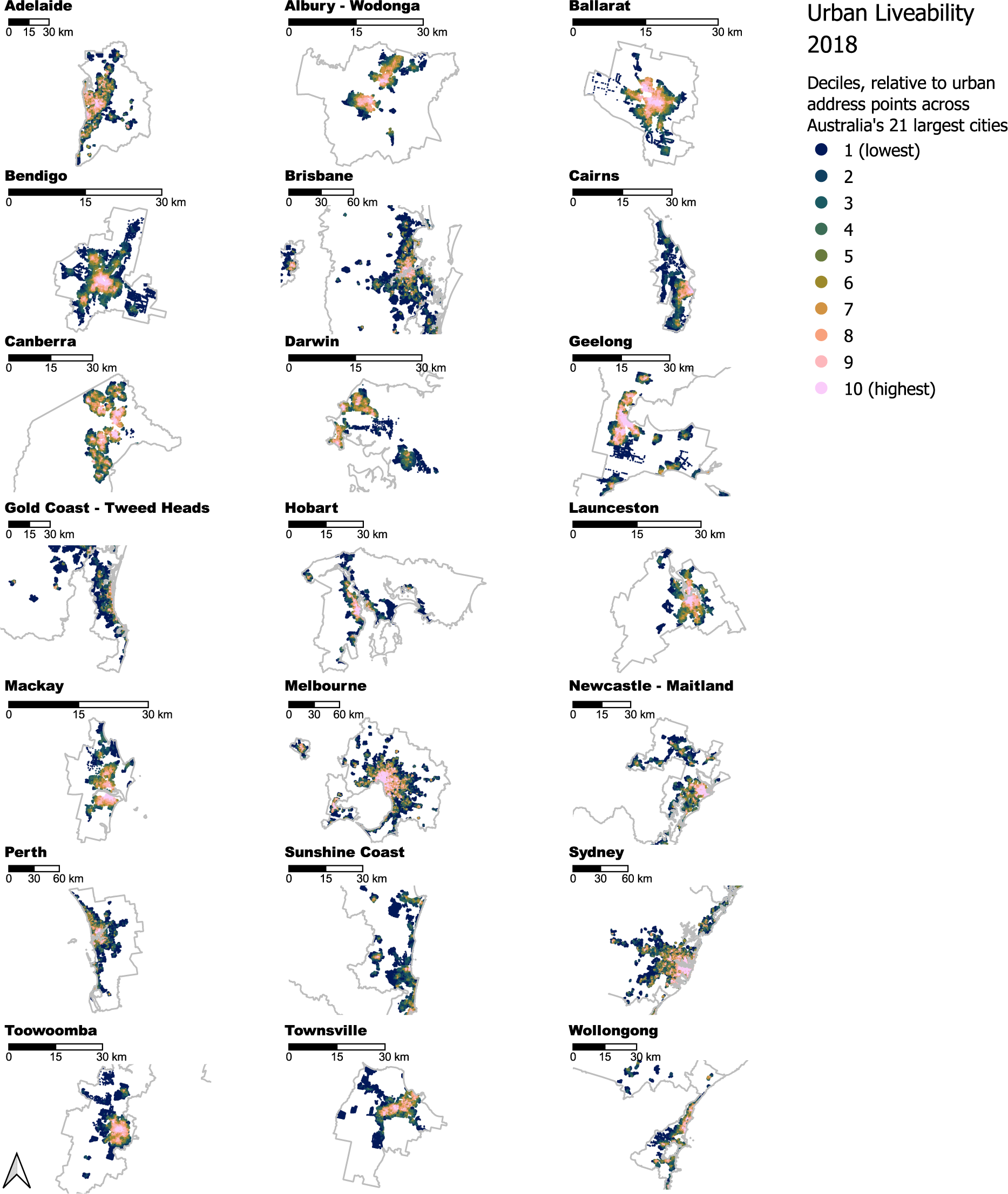 Spatial distribution of deciles of the urban liveability index calculated for residential address points across 21 of Australia’s most populous cities. 